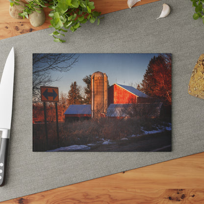 U R There Photography Mount Morris Road Reds and Silo in Winter Rustic Farmhouse Tempered-Glass Cutting Board