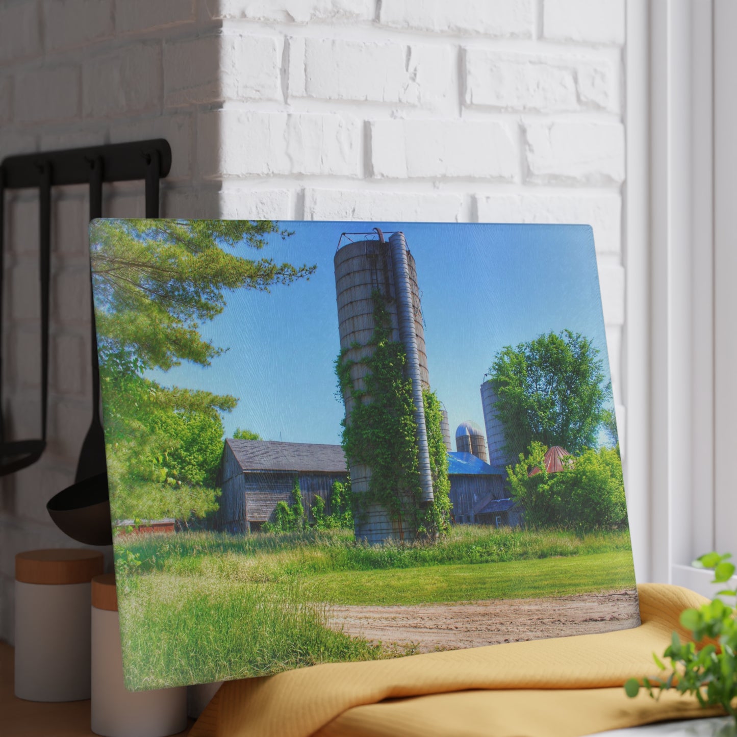 U R There Photography Bordman Road Old Grey and Silo II Rustic Farmhouse Tempered-Glass Cutting Board