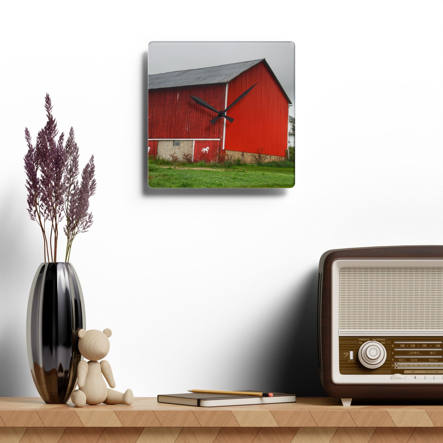 U R There Photography Brown Road Horse Barn II Rustic Farmhouse Acrylic Analog Wall Clock