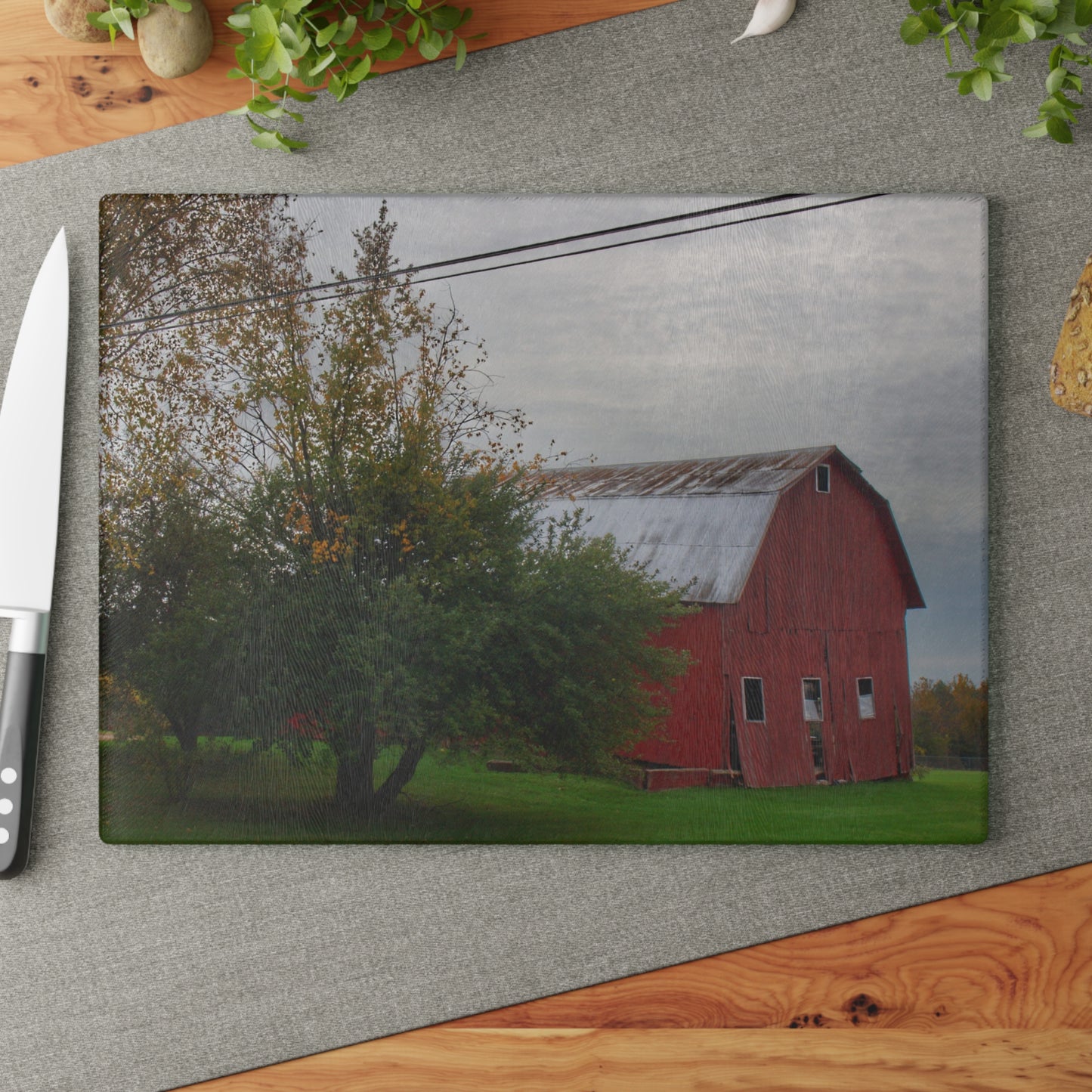 U R There Photography Perry Road Tilted Red Rustic Farmhouse Tempered-Glass Cutting Board