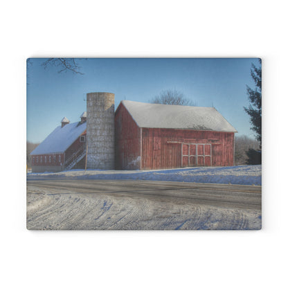 U R There Photography Metamora Red in Winter Rustic Farmhouse Tempered-Glass Cutting Board