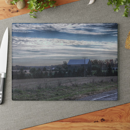 U R There Photography Burnside Road Grey Blues Rustic Farmhouse Tempered-Glass Cutting Board 8"x 11"