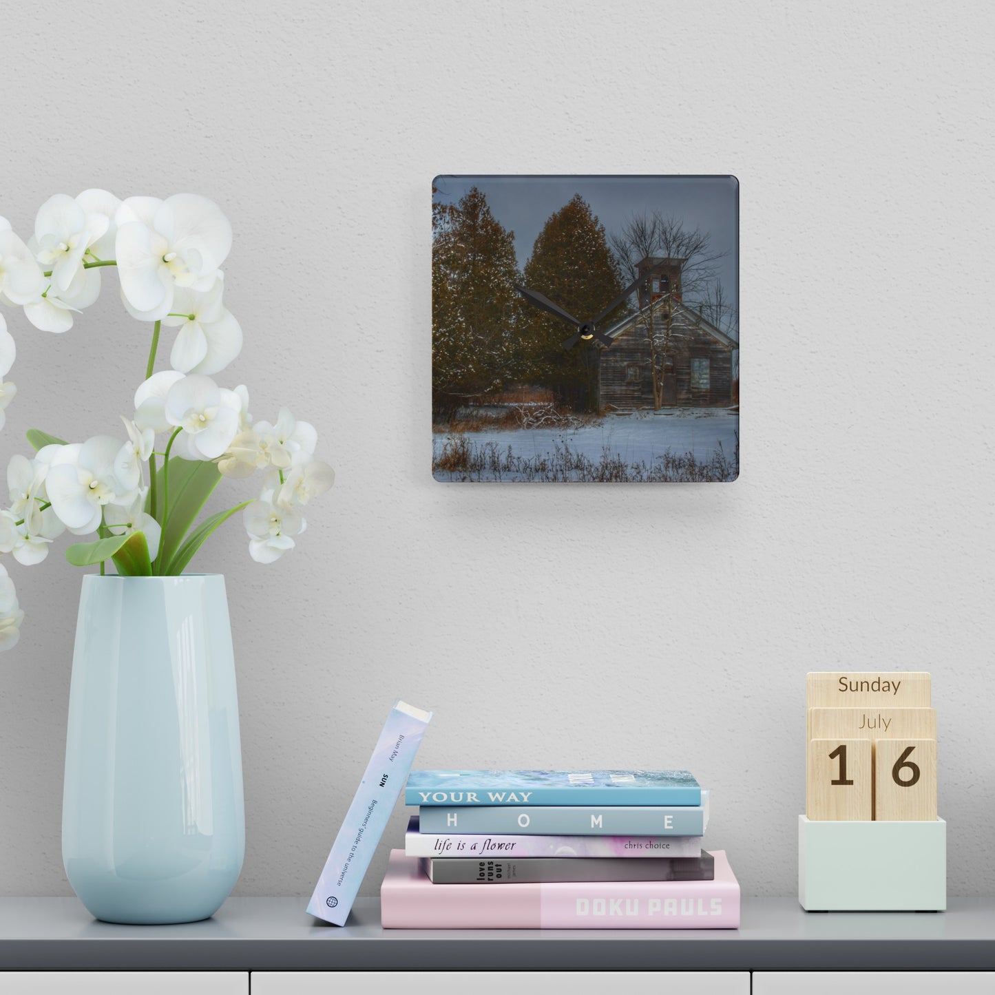 Rustic Farmhouse Wall Clock featuring Vermilya Schoolhouse I