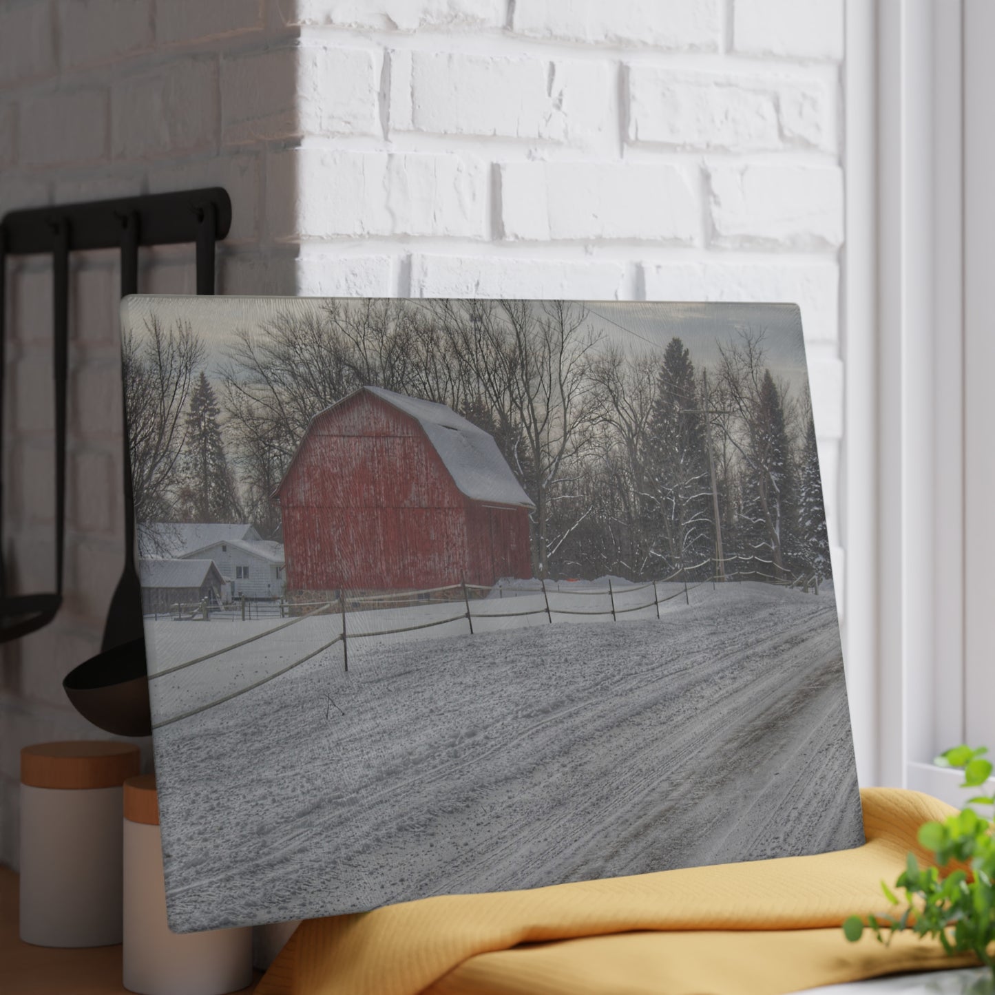 U R There Photography Phillips Road Winter Red Rustic Farmhouse Tempered-Glass Cutting Board