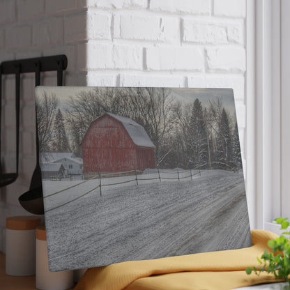 U R There Photography Phillips Road Winter Red Rustic Farmhouse Tempered-Glass Cutting Board