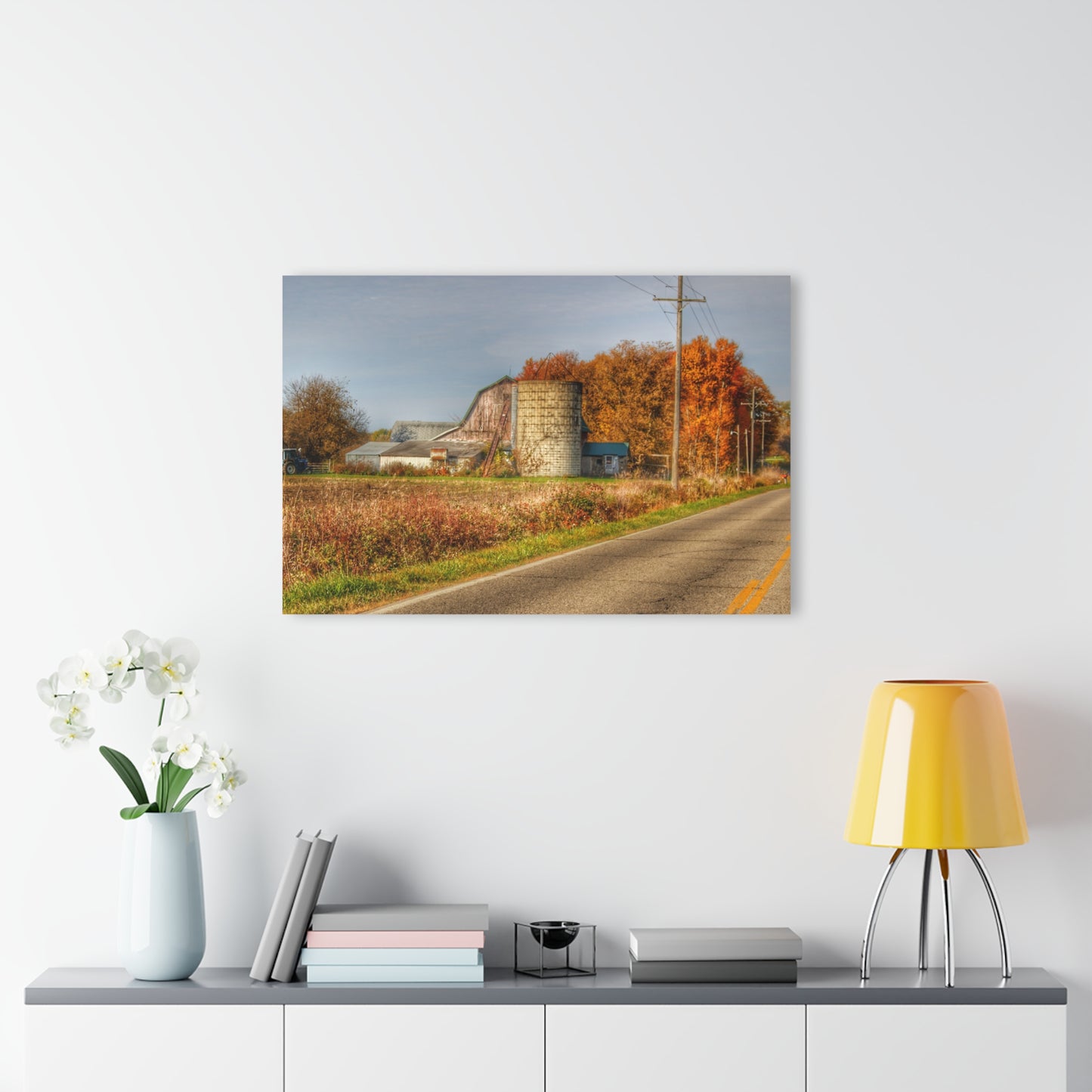 U R There Photography Plumb Creek Road Red in Fall II Rustic Farmhouse Acrylic Wall Print