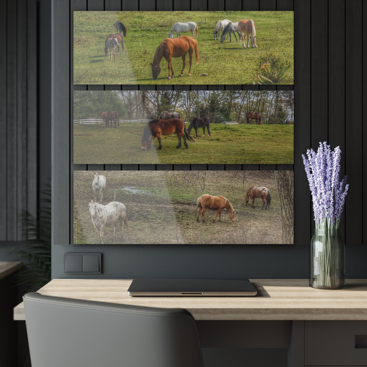 U R There Photography County Ponies Rustic Farmhouse 3-Panel Acrylic Wall Print