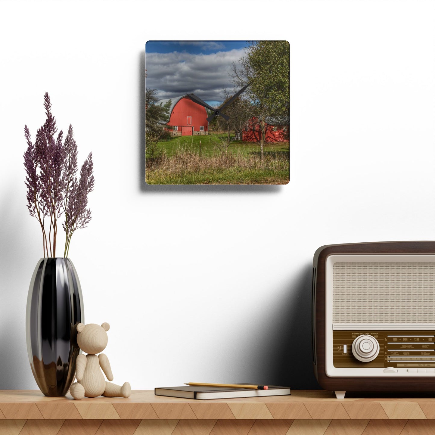 U R There Photography Genesee Road Red III Rustic Farmhouse Acrylic Analog Wall Clock