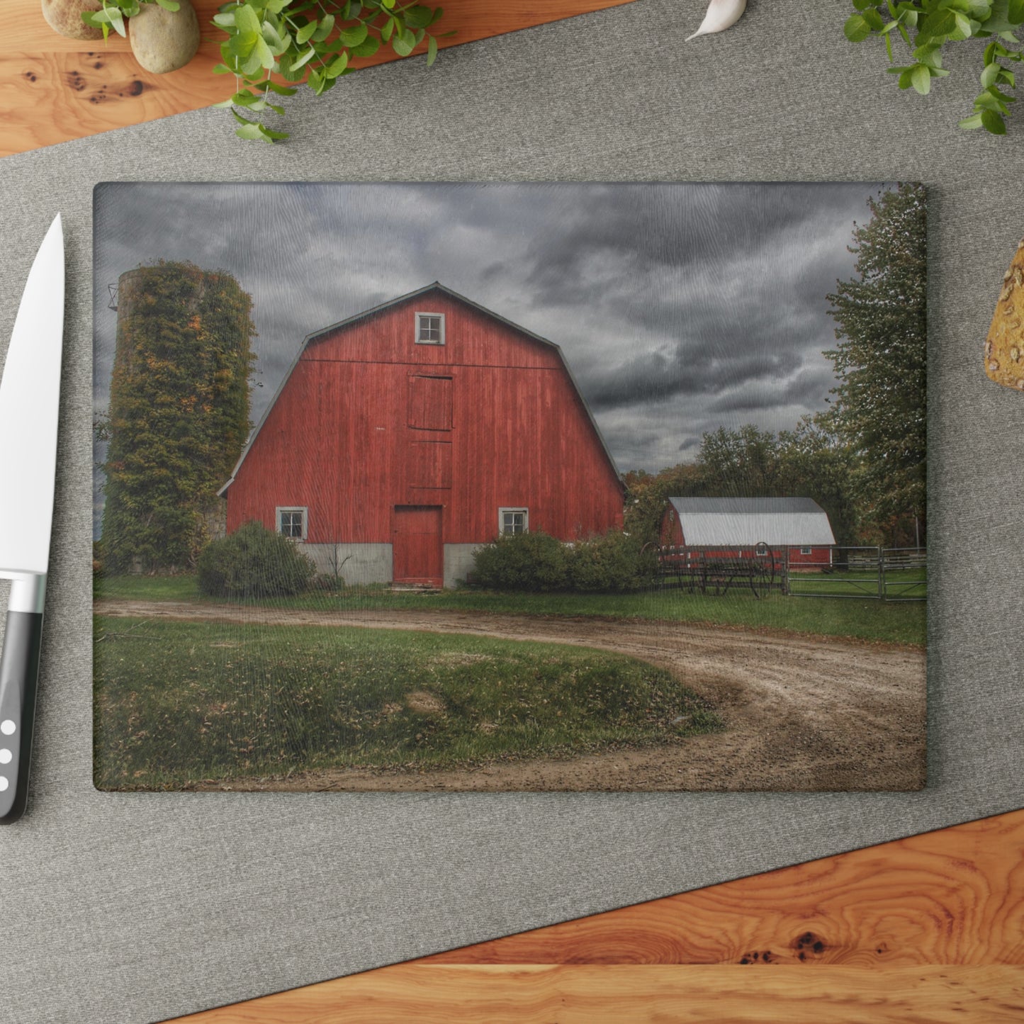 Barn Boutique Rustic Tempered-Glass Cutting Board| Horton Road Red and Silo I