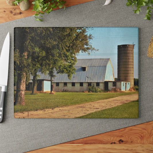 U R There Photography White Barn and Silo Rustic Farmhouse Tempered-Glass Cutting Board