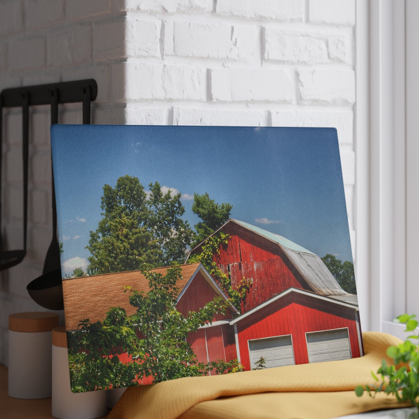 U R There Photography McKeen Lake Road Reds I Rustic Farmhouse Tempered-Glass Cutting Board