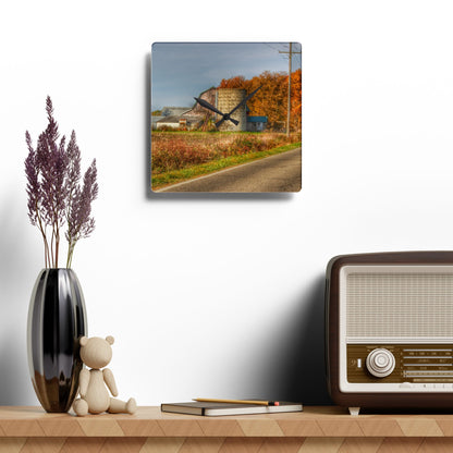 U R There Photography Plumb Creek Road Red in Fall II Rustic Farmhouse Acrylic Analog Wall Clock