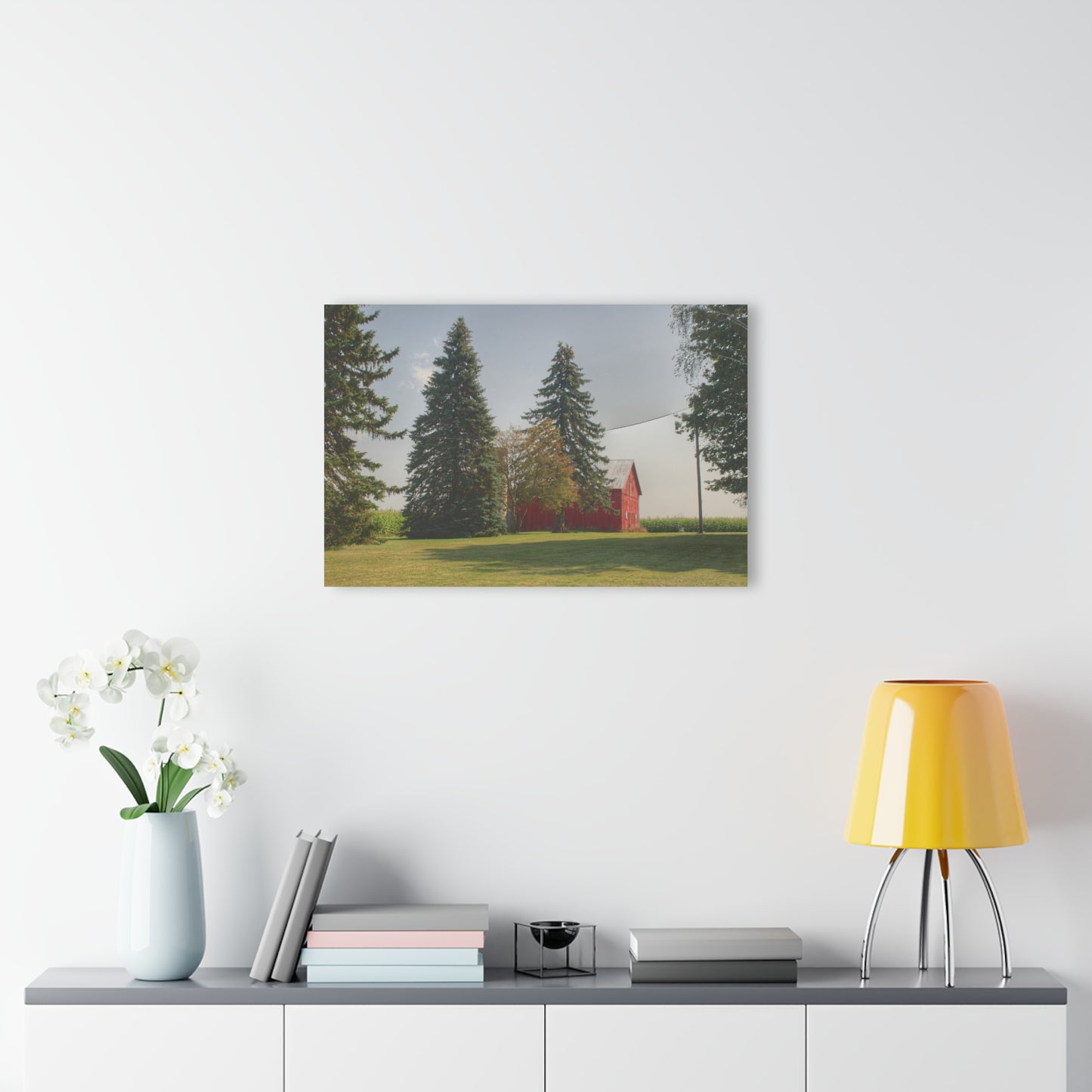 U R There Photography Small Red Barn Beneath the Pines Rustic Farmhouse Acrylic Wall Print