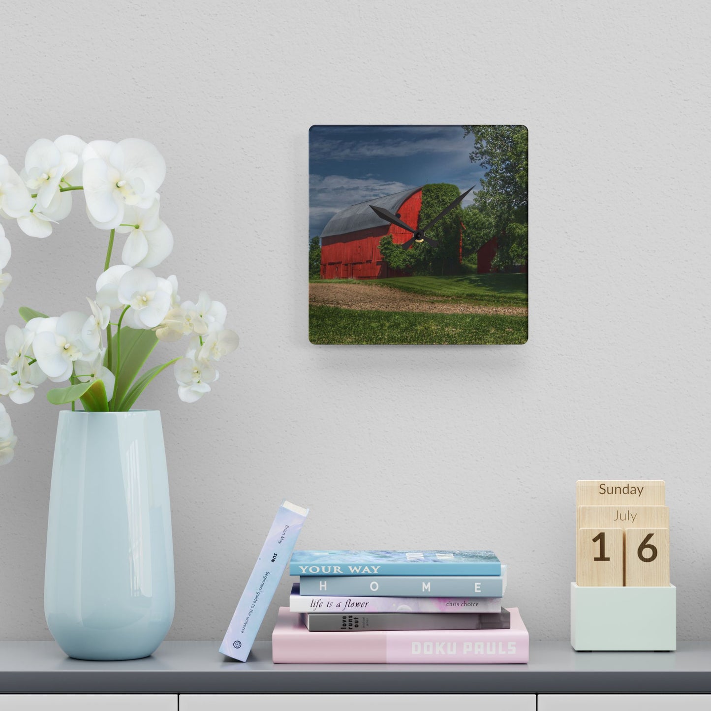 U R There Photography Catlin Road Red I Rustic Farmhouse Acrylic Analog Wall Clock