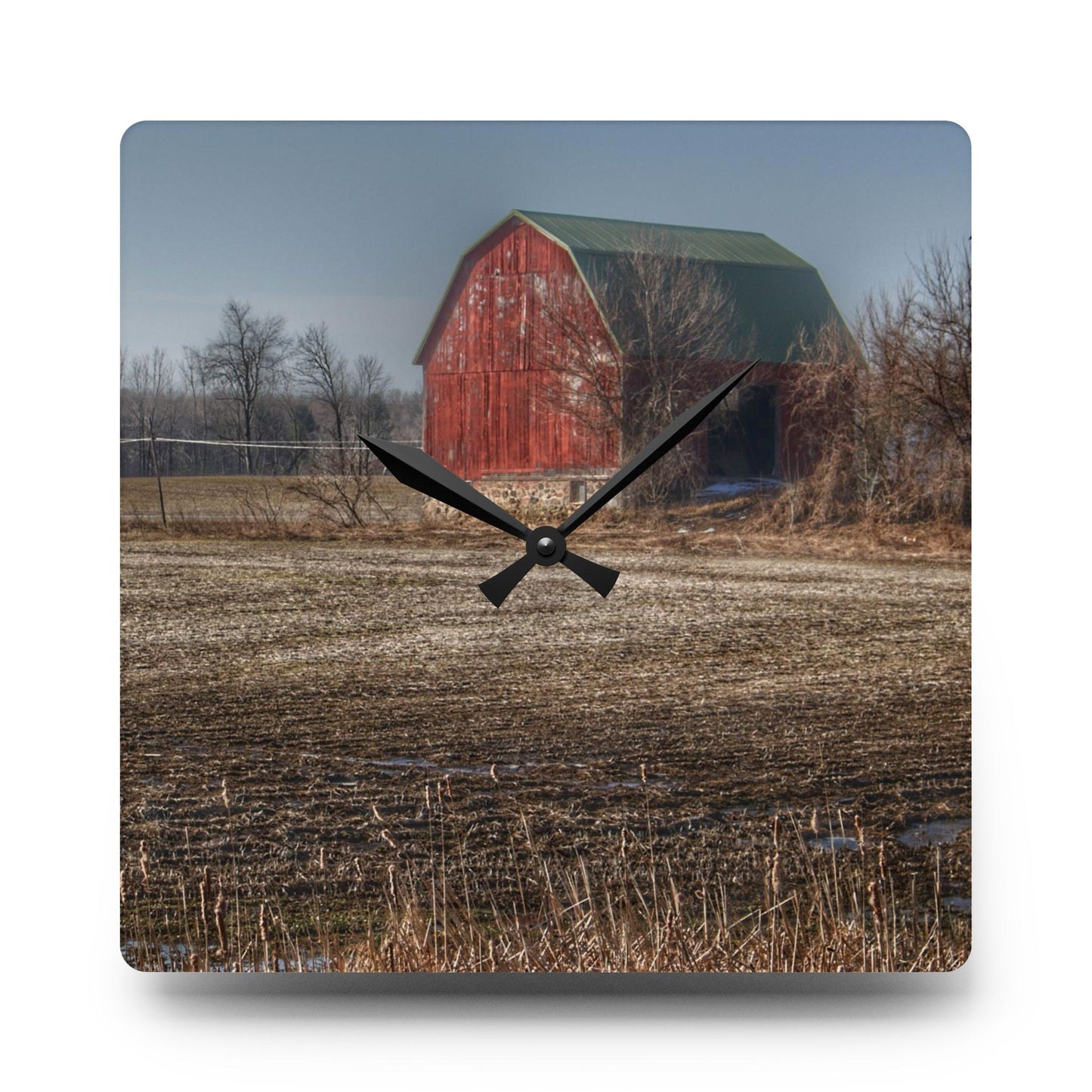 U R There Photography Bowers Road Goodland Red Rustic Farmhouse Acrylic Analog Wall Clock