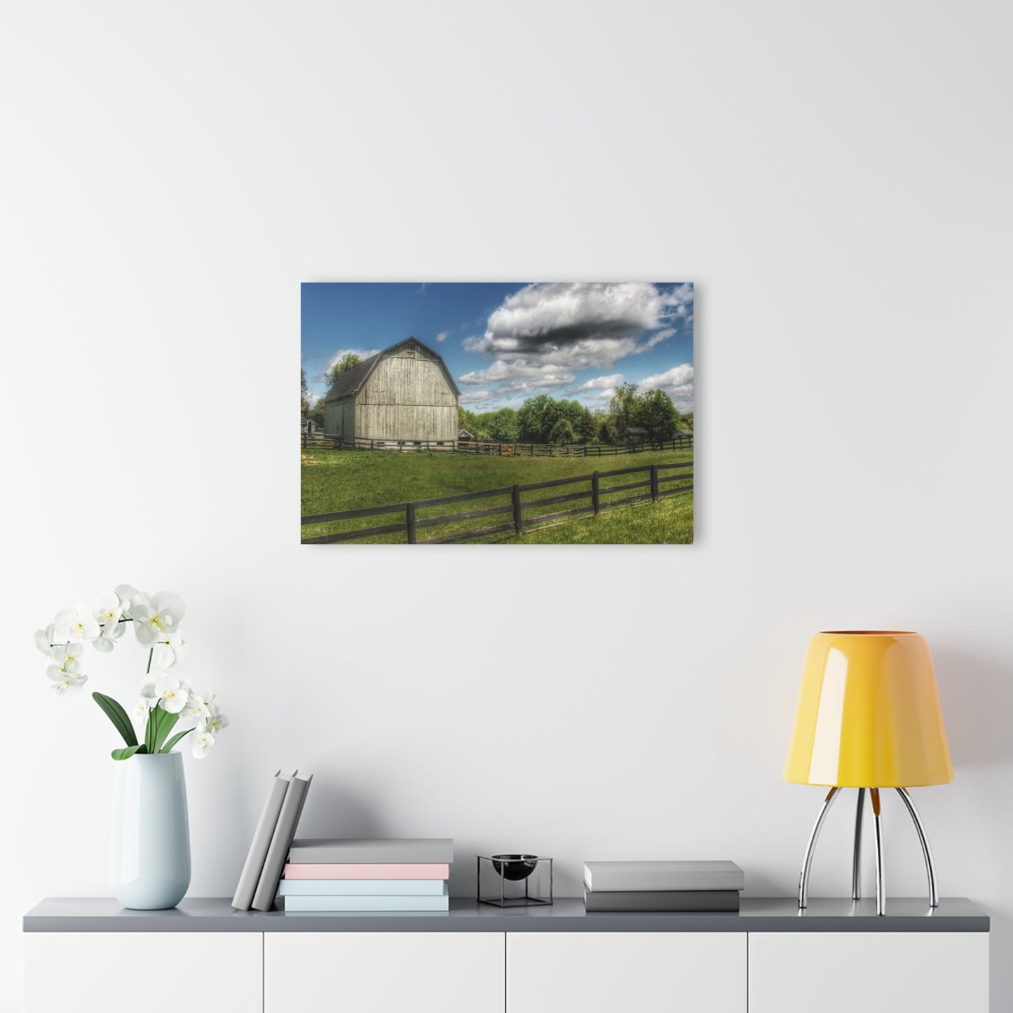 U R There Photography White Barn on a Sunny Day Rustic Farmhouse Acrylic Wall Print