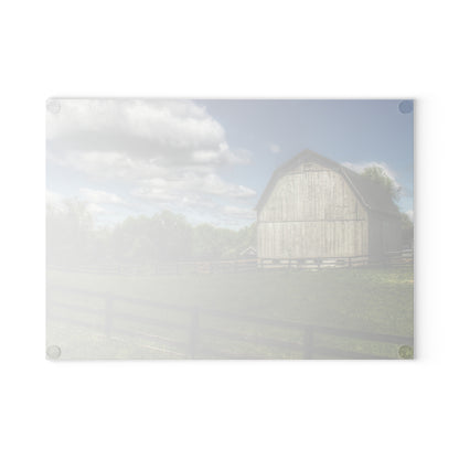 Barn Boutique Rustic Tempered-Glass Cutting Board| White Barn on a Sunny Day