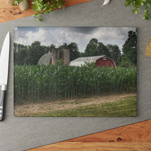 U R There Photography Scotch Settlement Reds Rustic Farmhouse Tempered-Glass Cutting Board