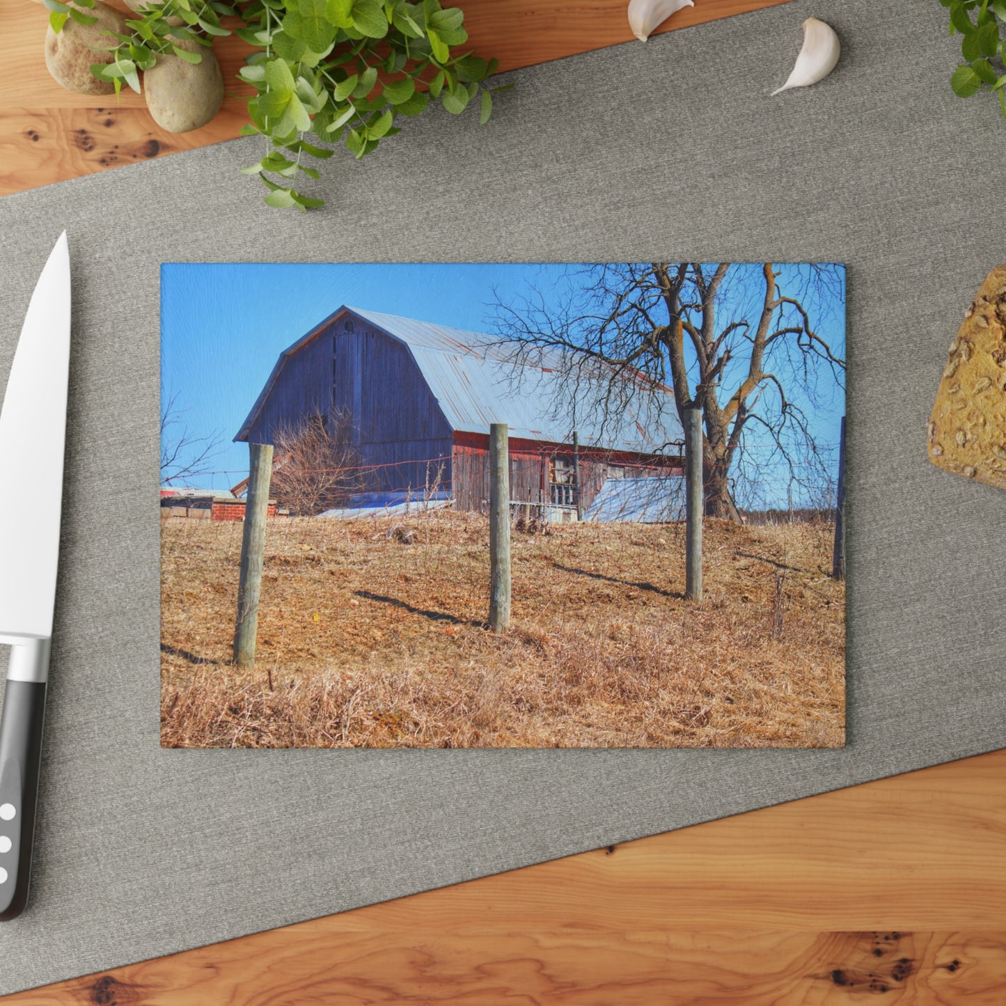 U R There Photography Marathon Haybarn on the Hill II Rustic Farmhouse Tempered-Glass Cutting Board