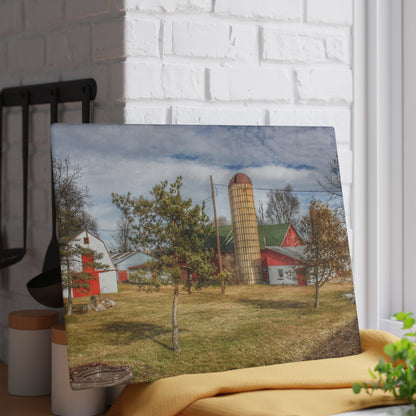 U R There Photography Newark Road Red and Silos I Rustic Farmhouse Tempered-Glass Cutting Board