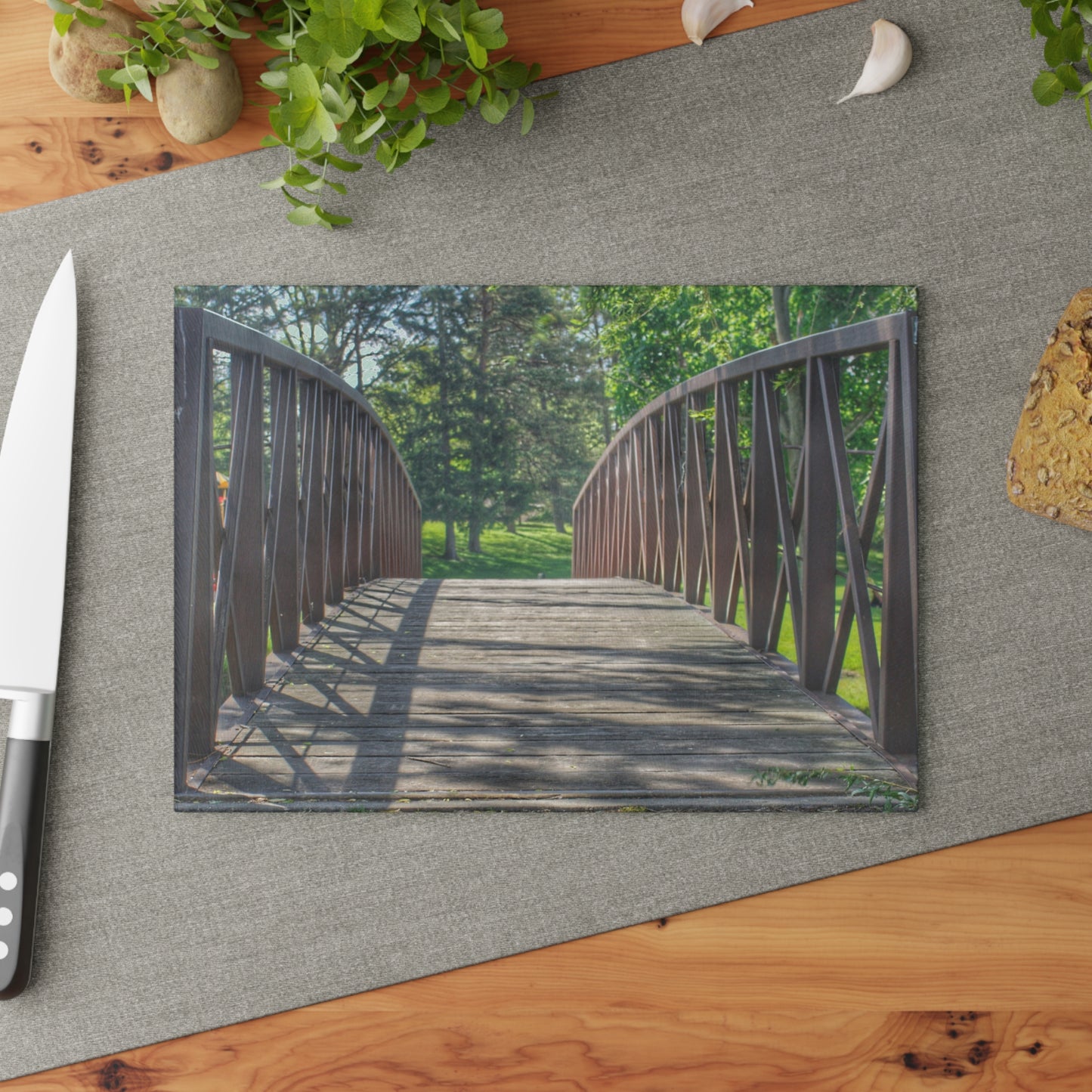 U R There Photography Cramton Park Kiwanis Bridge Rustic Farmhouse Tempered-Glass Cutting Board