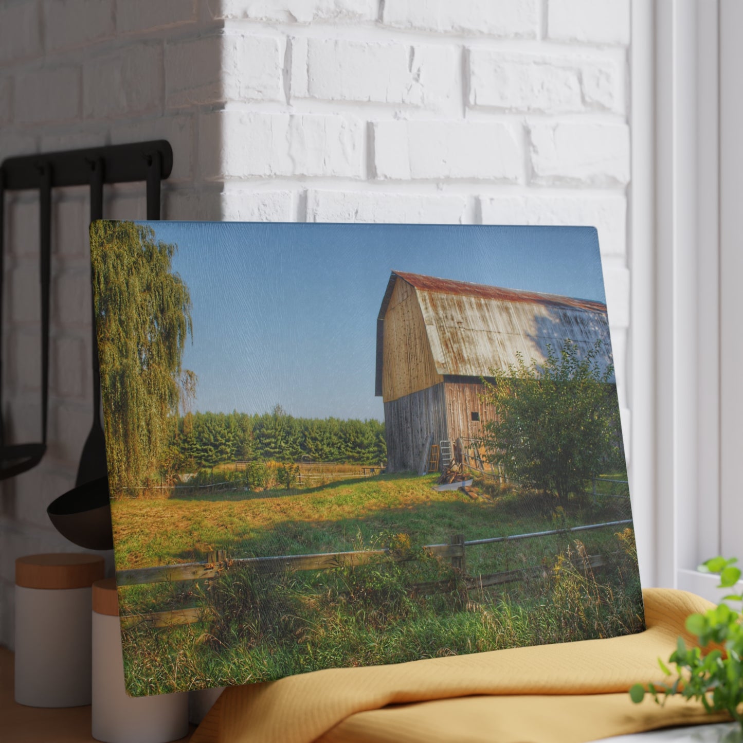 U R There Photography Snover Golden Grey Rustic Farmhouse Tempered-Glass Cutting Board