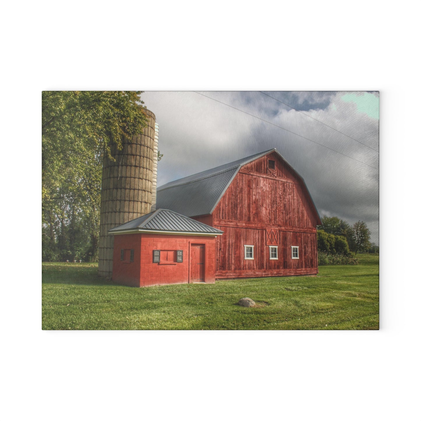 Barn Boutique Rustic Tempered-Glass Cutting Board| Hollow Corners Red and Silo