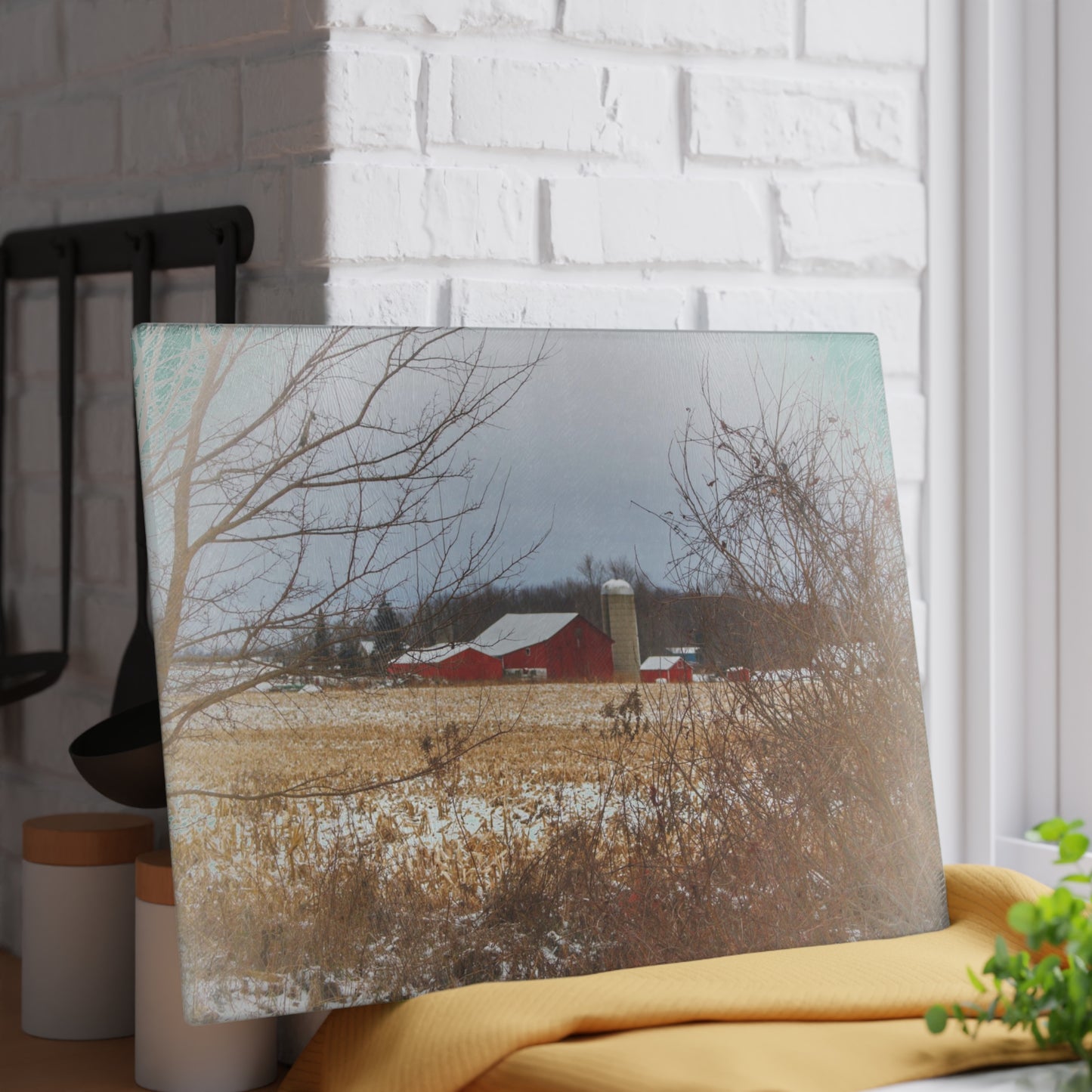 U R There Photography Brook Road Red in Winter Rustic Farmhouse Tempered-Glass Cutting Board