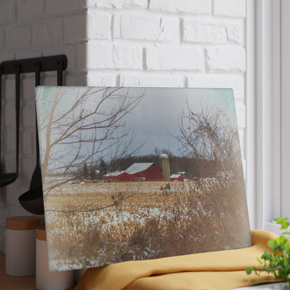 U R There Photography Brook Road Red in Winter Rustic Farmhouse Tempered-Glass Cutting Board