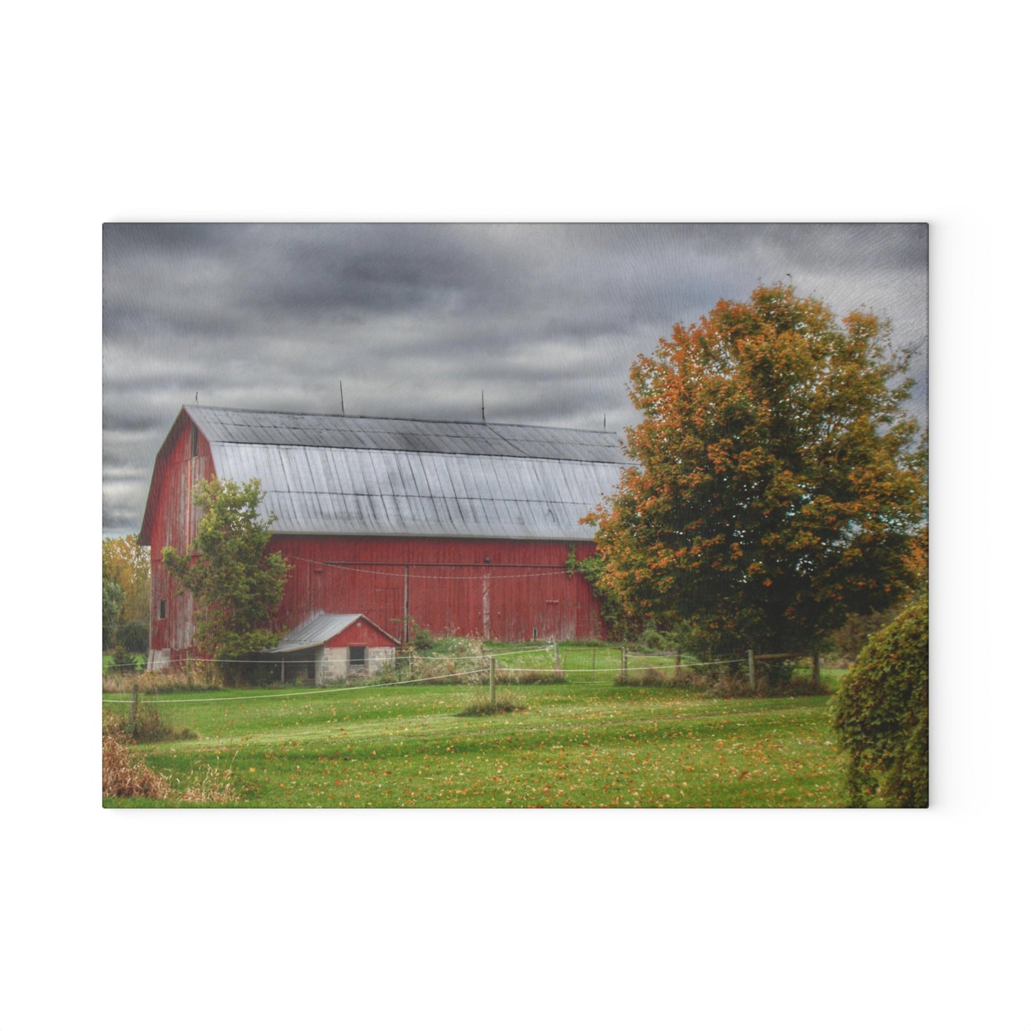 U R There Photography Columbiaville Red in Fall II Rustic Farmhouse Tempered-Glass Cutting Board