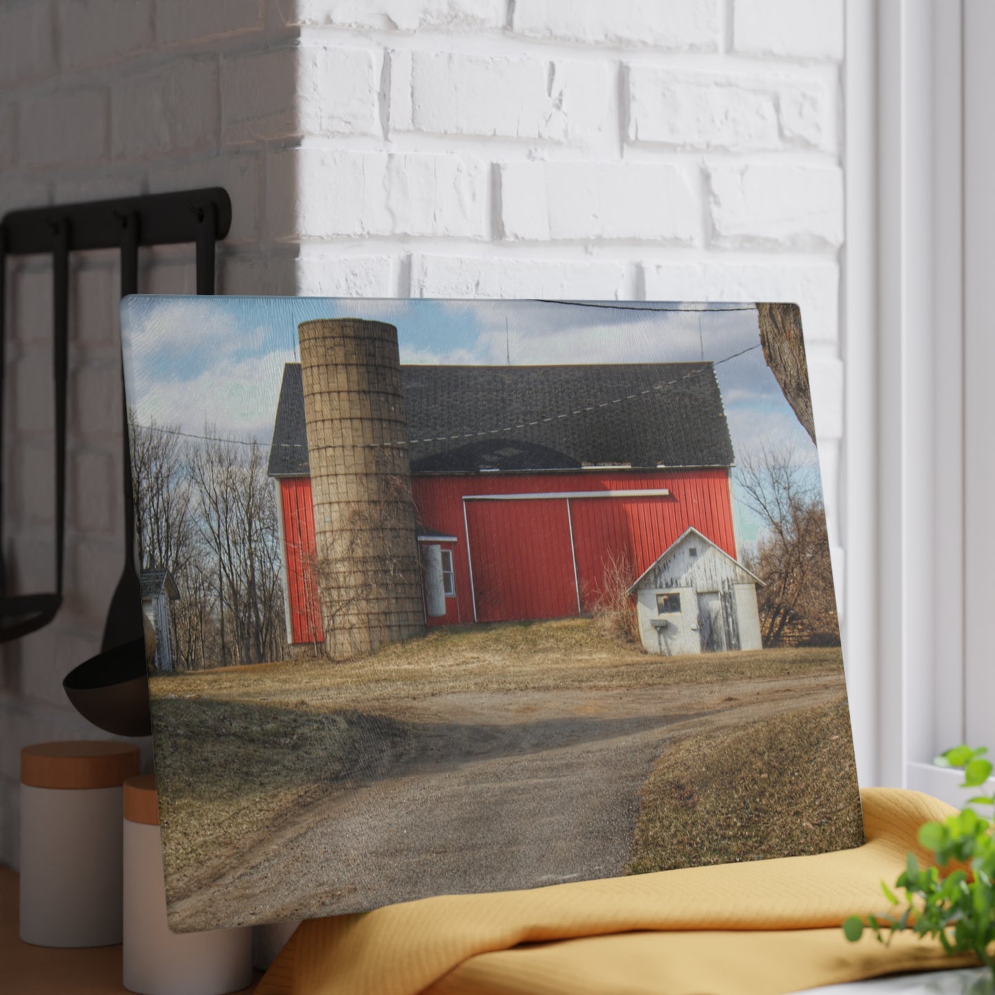 U R There Photography Mayville Road Red and Silo Rustic Farmhouse Tempered-Glass Cutting Board