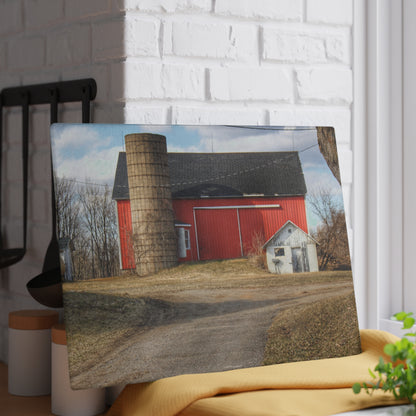 U R There Photography Mayville Road Red and Silo Rustic Farmhouse Tempered-Glass Cutting Board