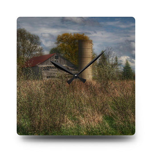 Old Wooden Barn and Silo Rustic Farmhouse Acrylic Analog Wall Clock 10.75'' × 10.75'' (Square)