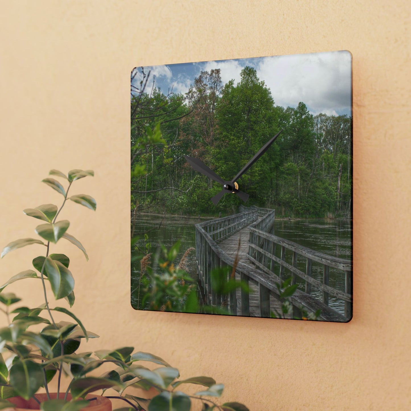 U R There Photography Linear Park Bridge in Lapeer I Rustic Farmhouse Acrylic Analog Wall Clock