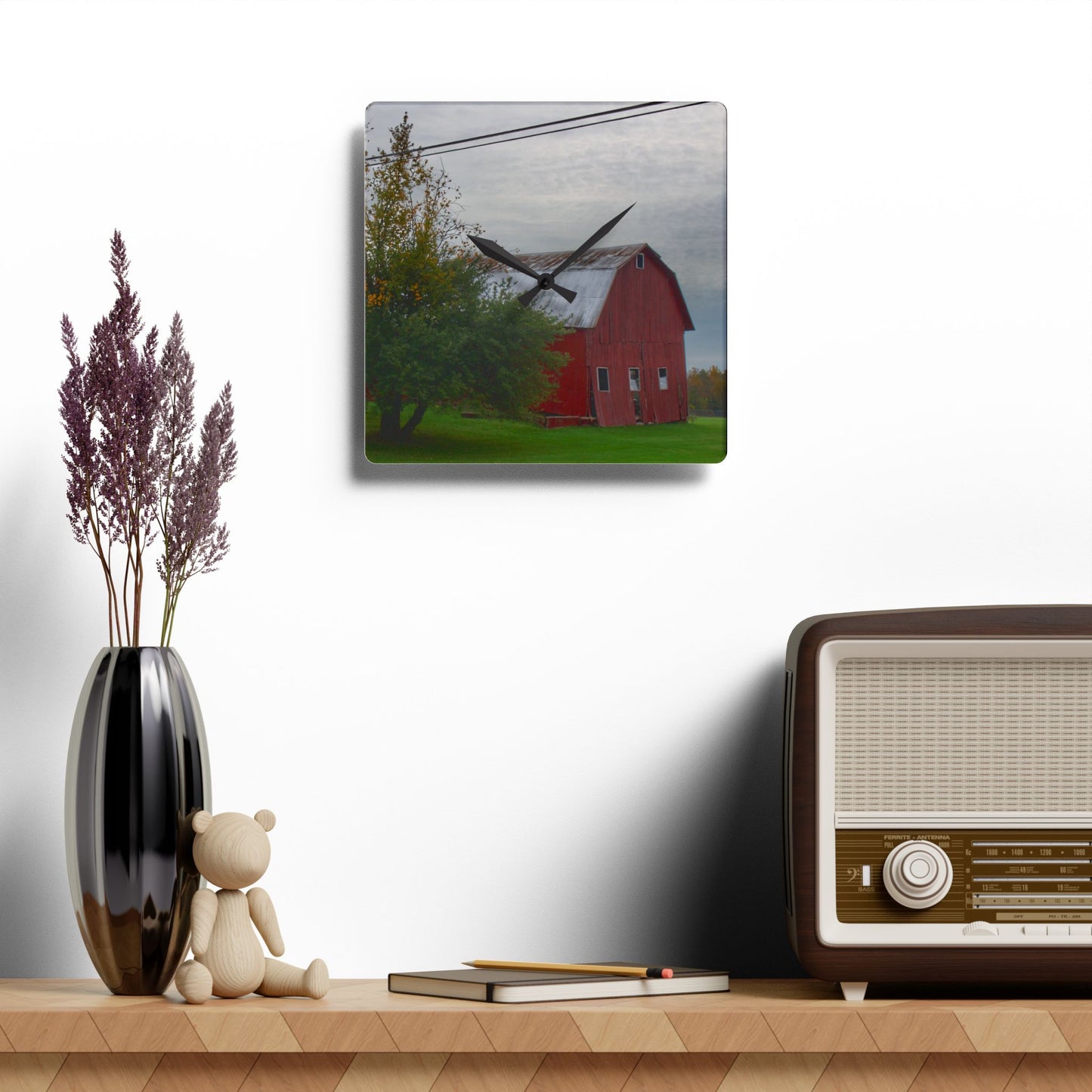 U R There Photography Perry Road Tilted Red Rustic Farmhouse Acrylic Analog Wall Clock