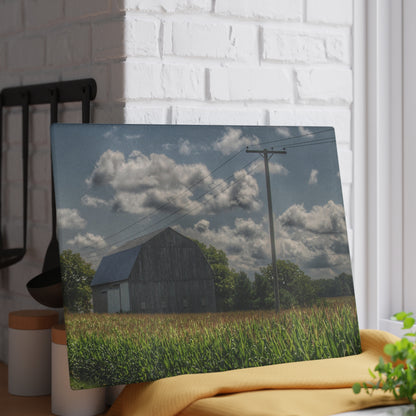 U R There Photography Grey Barn in a Cornfield Rustic Farmhouse Tempered-Glass Cutting Board