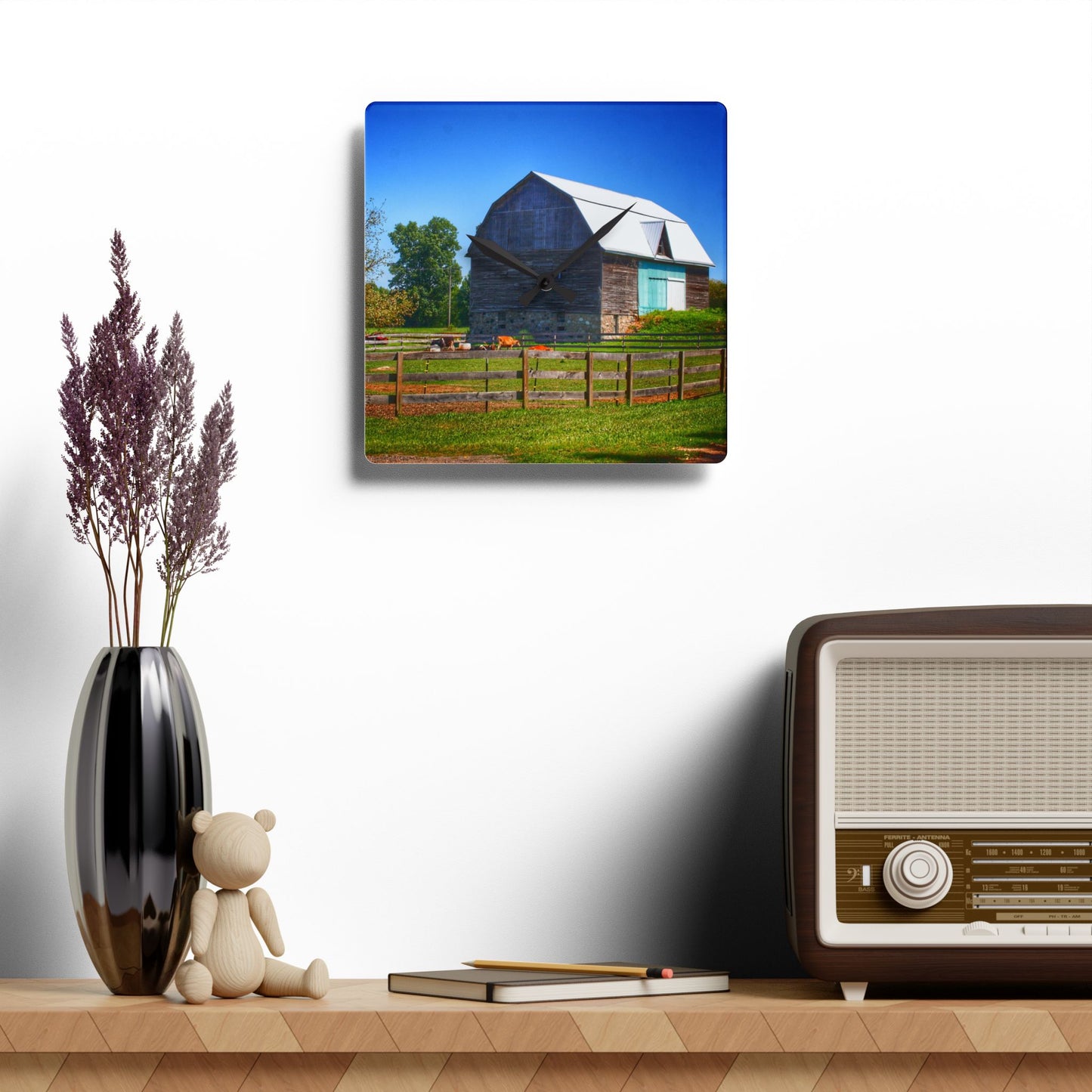 U R There Photography Harris Road Fieldstone Grey Rustic Farmhouse Acrylic Analog Wall Clock