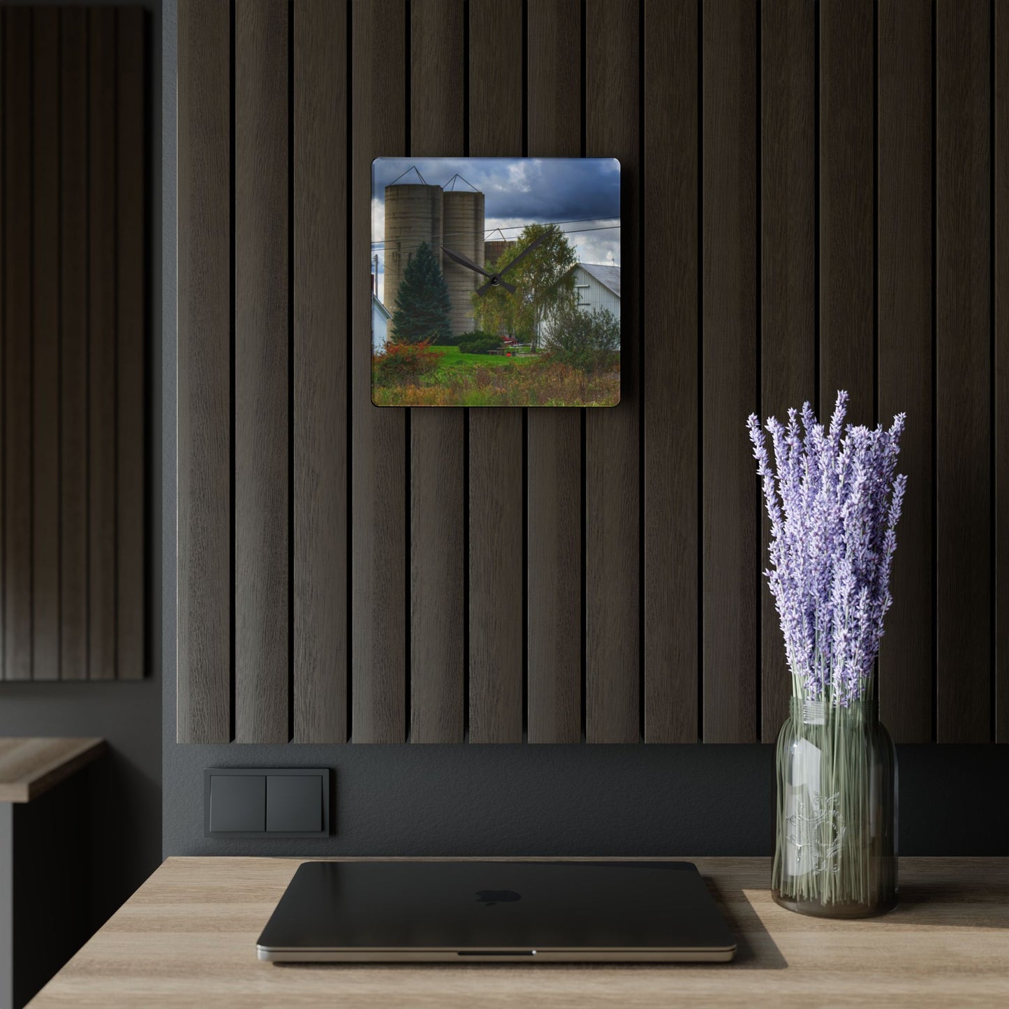 U R There Photography Baldwin White and Silos Rustic Farmhouse Acrylic Analog Wall Clock