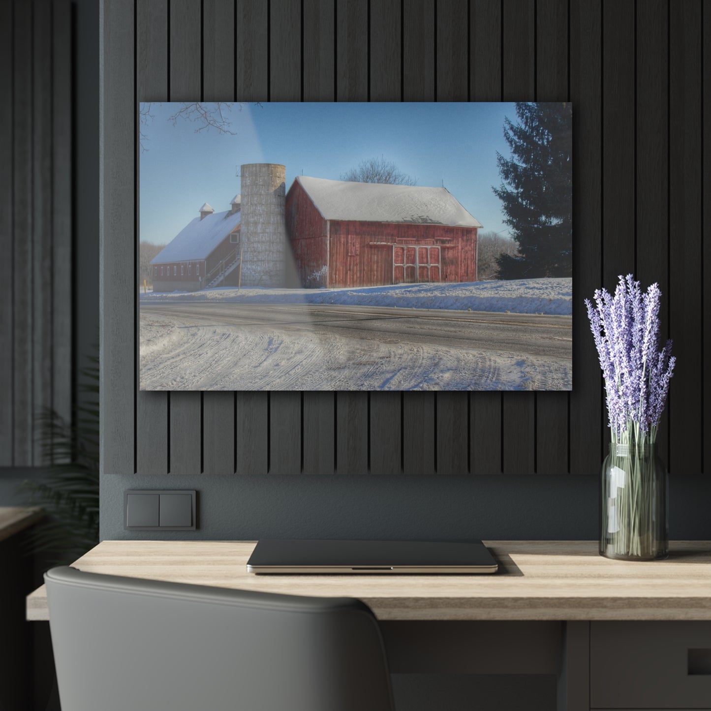 U R There Photography Metamora Red in Winter Rustic Farmhouse Acrylic Wall Print
