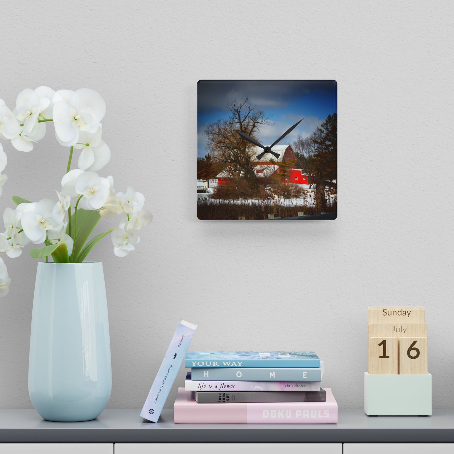 U R There Photography Hadley Road Hidden Red in Winter Rustic Farmhouse Acrylic Analog Wall Clock