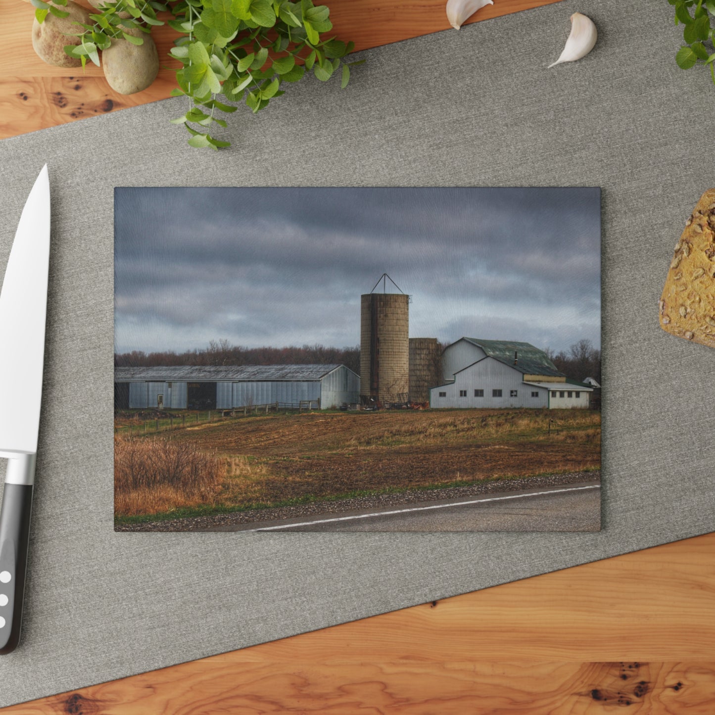U R There Photography M-24 Whites Rustic Farmhouse Tempered-Glass Cutting Board