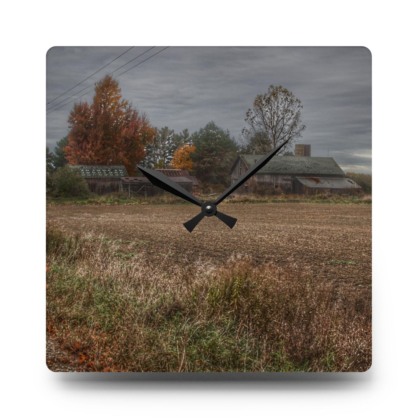 U R There Photography Birch Run Road Greys II Rustic Farmhouse Acrylic Analog Wall Clock