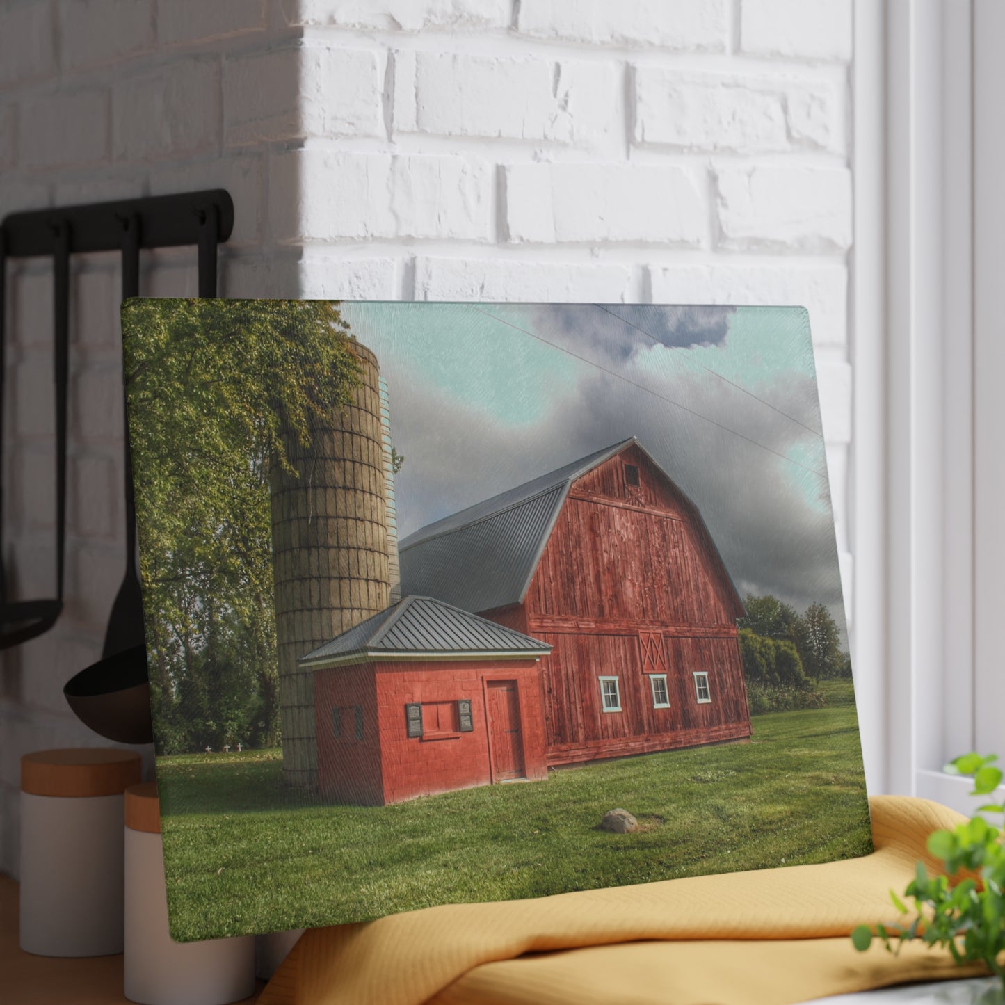 Barn Boutique Rustic Tempered-Glass Cutting Board| Hollow Corners Red and Silo