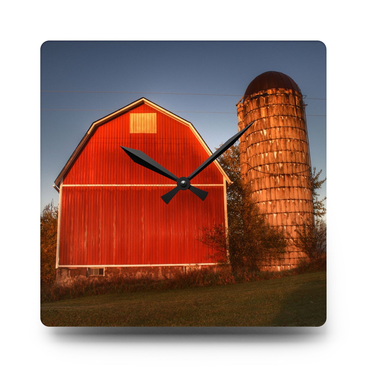 U R There Photography Klam Road Red Meets Foggy Sunrise I Rustic Farmhouse Acrylic Analog Wall Clock