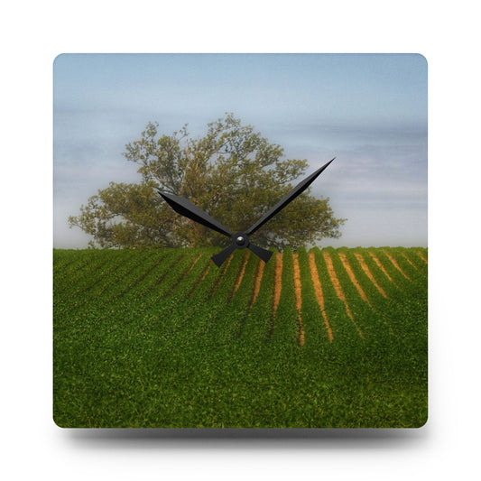 Tree Overlooking Farm Field Rustic Farmhouse Acrylic Analog Wall Clock 10.75'' × 10.75'' (Square)