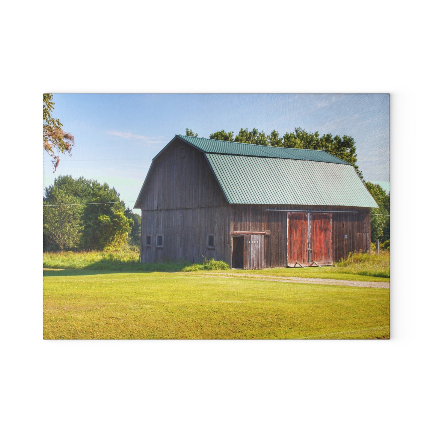 U R There Photography Red Door Barn of Mount Morris Road Rustic Farmhouse Tempered-Glass Cutting Board