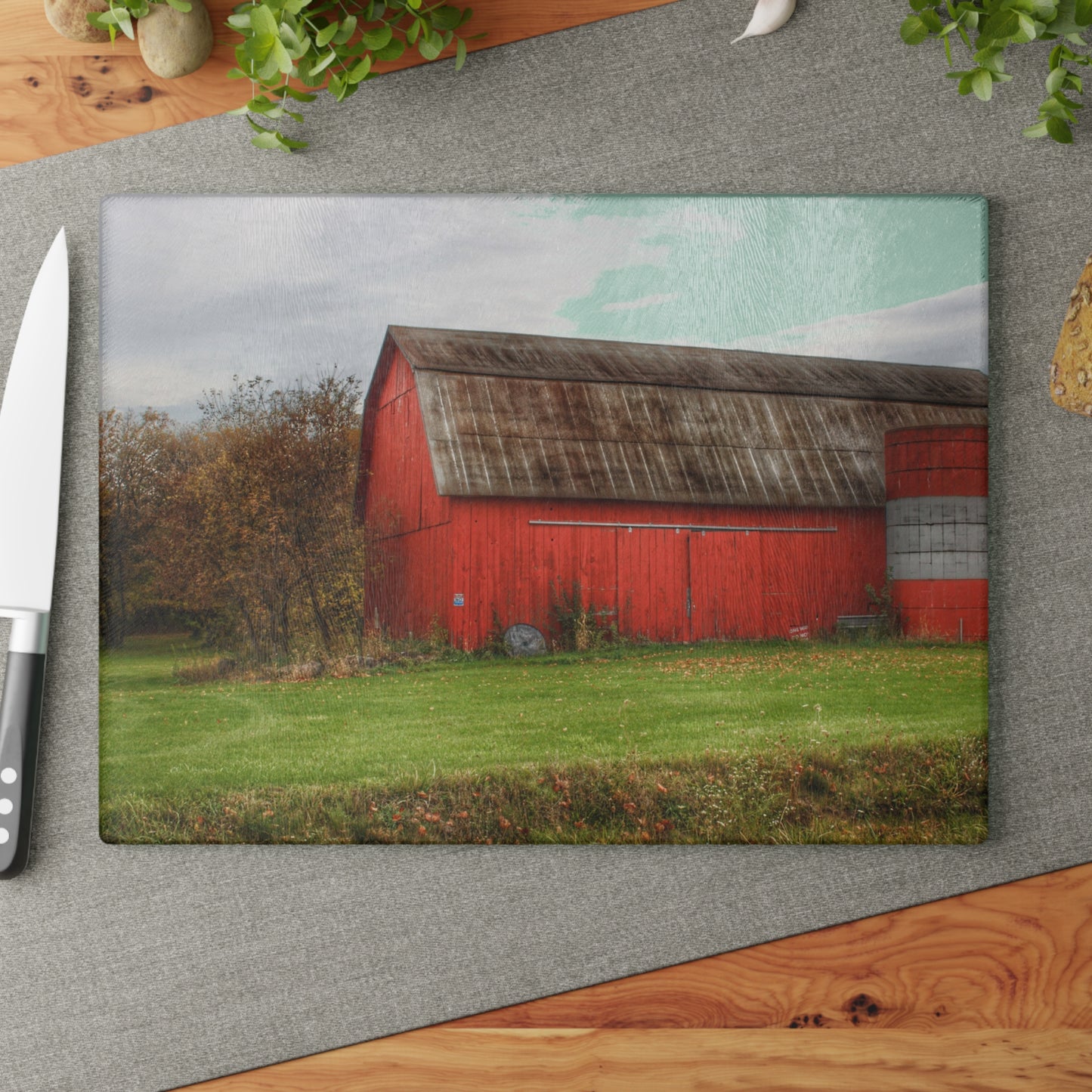 U R There Photography Oak Road Barber Barn I Rustic Farmhouse Tempered-Glass Cutting Board