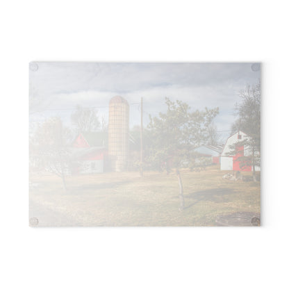 U R There Photography Newark Road Red and Silos I Rustic Farmhouse Tempered-Glass Cutting Board