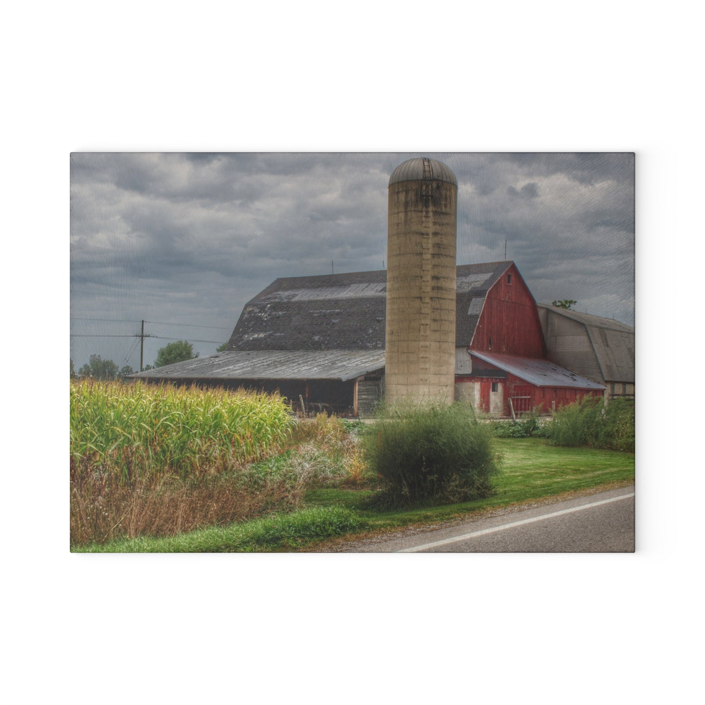 U R There Photography Lake Pleasant Road Red and Silo II Rustic Farmhouse Tempered-Glass Cutting Board