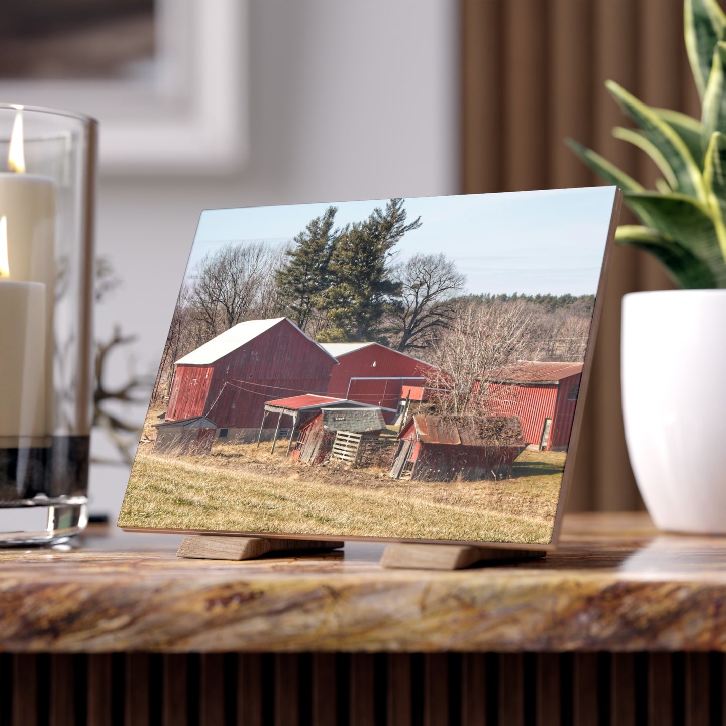 U R There Photography Bronson Lake Reds Rustic Farmhouse Decorative Ceramic Tile 6" × 8" Matte